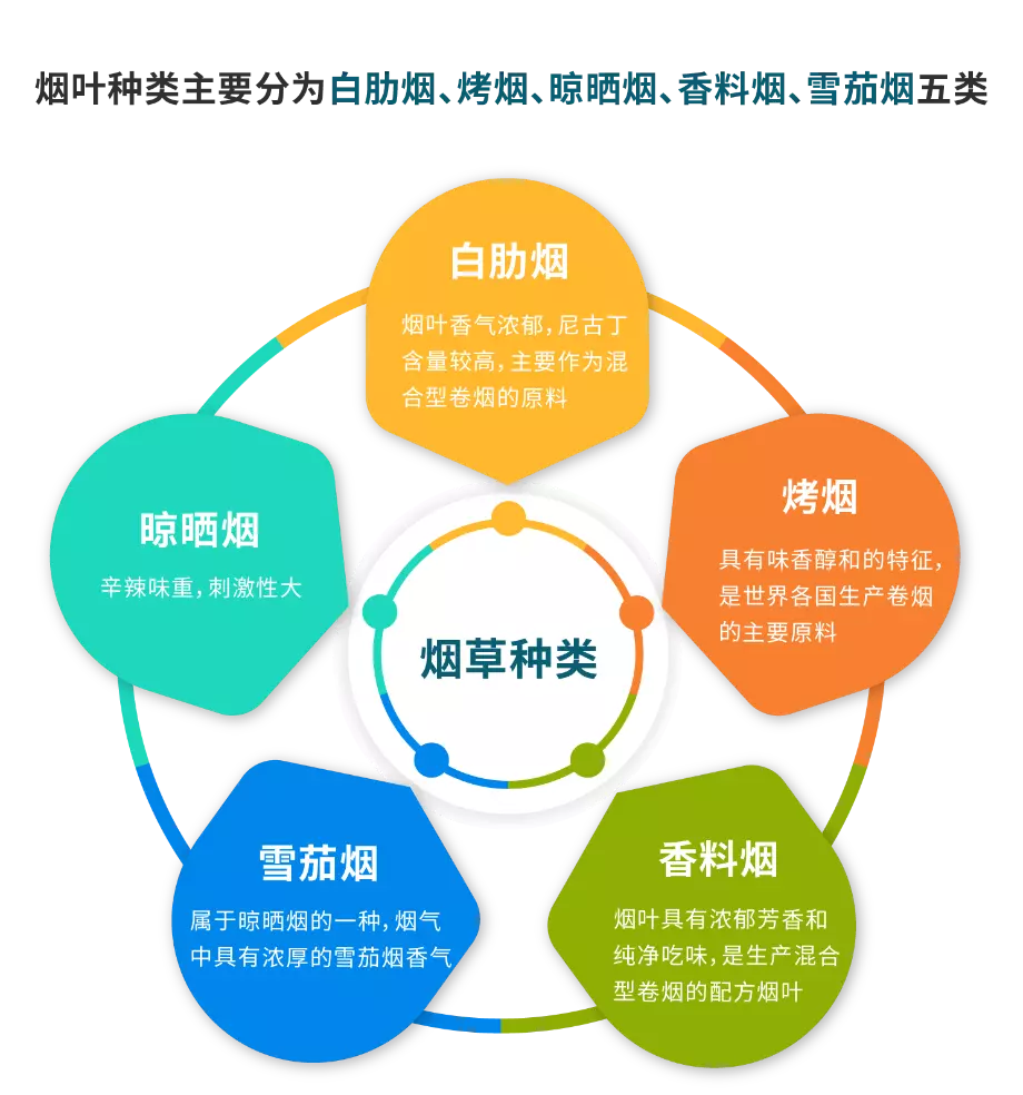 迄今为止，烟叶种类主要分为烤烟、白肋烟、香料烟、晾晒烟、雪茄烟等大类。